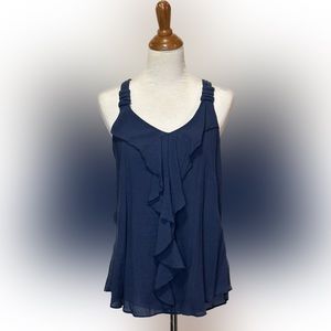 Womens Navy Blue Ruffle Trim Sleeveless Blouse Large - iZ Byer